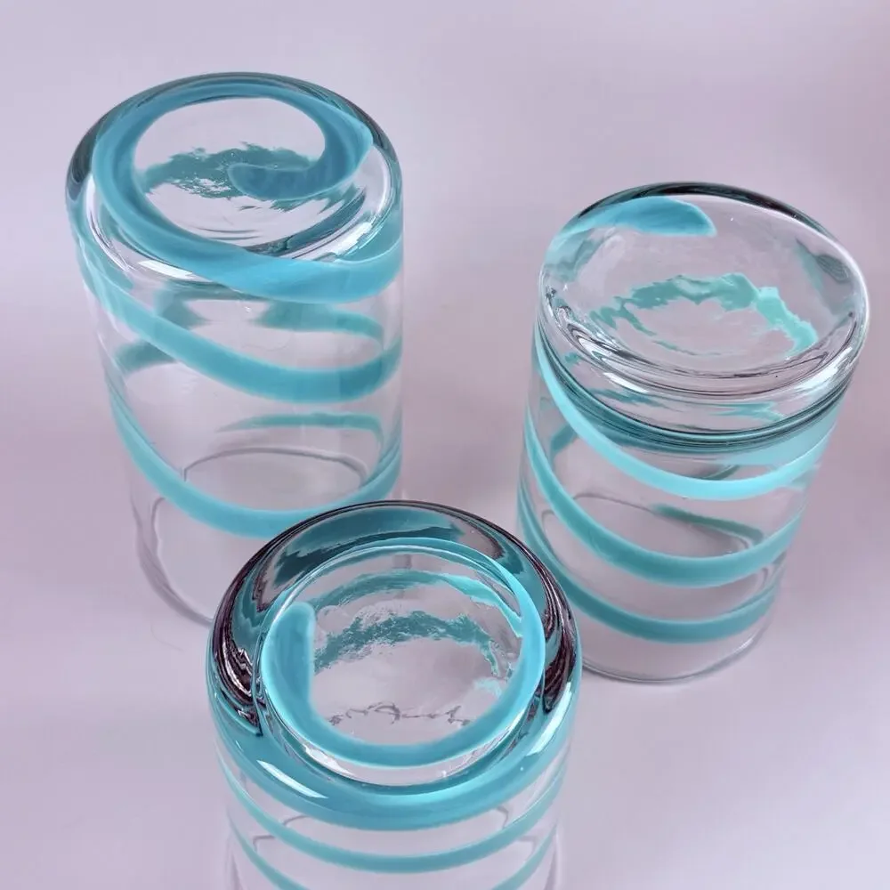 Art Glass Teal Swirl Tumblers Set of 3 Tapered Sizes Hand Blown Pier 1?